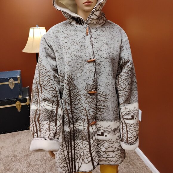 Hooded Winter Forest Print Coat | Fleece Toggle Jacket | Cottagecore Artwear - Picture 5 of 11